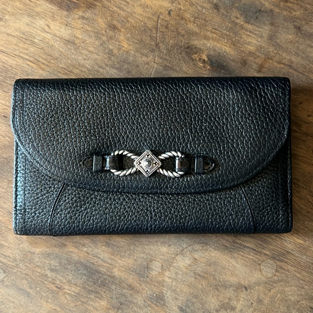 Brighton 3 fold wallet black pebbled leather with metal detail (crossbody opt.)